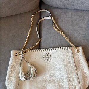 Tory Burch Cream Leather Shoulder Bag with Gold Chain